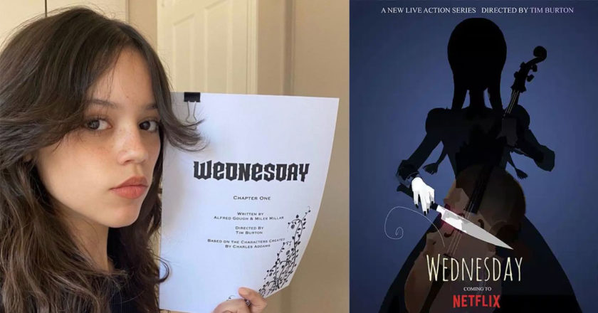 Jenna Ortega with a script for "Wednesday" and the series' key art