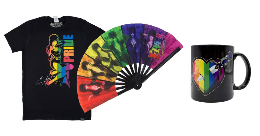 Elvira Pride t-shirt, Elvira rainbow fan, and Elvira Pride mug with rainbow heart
