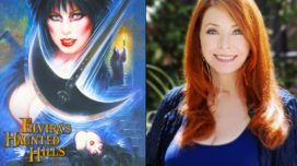 Elvira's Haunted Hills key art and a photo of Cassandra Peterson