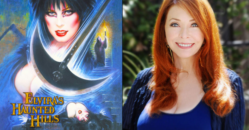 Elvira's Haunted Hills key art and a photo of Cassandra Peterson