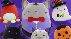 Detra the octopus, Tally the vampire tabby cat, Grace the ghost, Emily the black bat, mummy owl Holly, and jack-o'-lantern Squishmallows