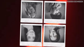 Upside down black and white polaroid photos of Amybeth McNulty, Myles Truitt, Regina Ting Chen and Grace Van Dien