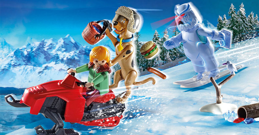 Playmobil Scooby and Shaggy on a snowmobile being chassed by the Snow Ghost