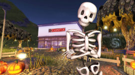 A Chipotle restaurant inside of the Roblox video game with a Skeleton standing in frton