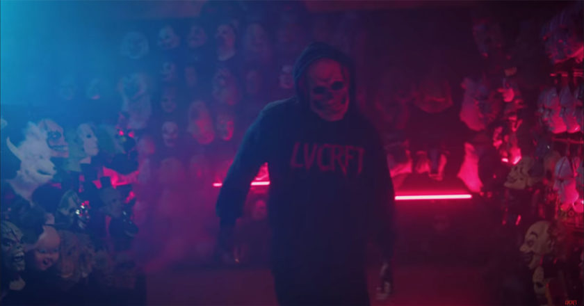 Still from the LVCRFT "Every Night" video featuring Reaper in Spirit Halloween's mask section