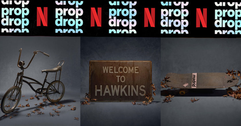 Netflix PropDrop Stranger Things bike, sign, and skateboard