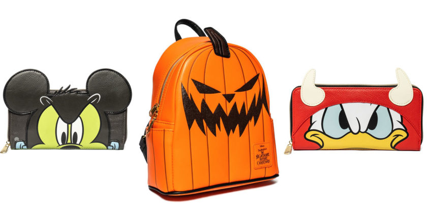 Entertainment Earth exclusive Loungefly Mickey Frankenstien wallet, Pumpkin King mini backpack, and Donald Duck devil wallet.