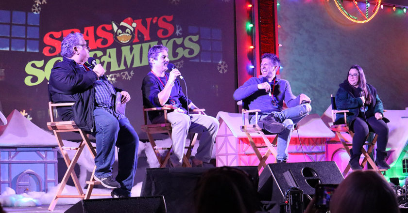 Leone D'Antonio, Zach Galligan, Trevor Shand, and Lauren Shand on stage at Season's Screamings