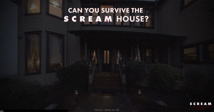 Entry screen for survivescreamhouse.com featuring the entrance to the Scream House