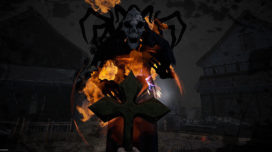 A priest holds a cross up to a demon in "Holy Purge"