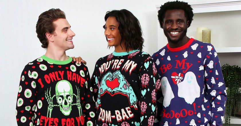 Three models wearing HalloweenCostumes.com spooky Valentine's Day sweaters