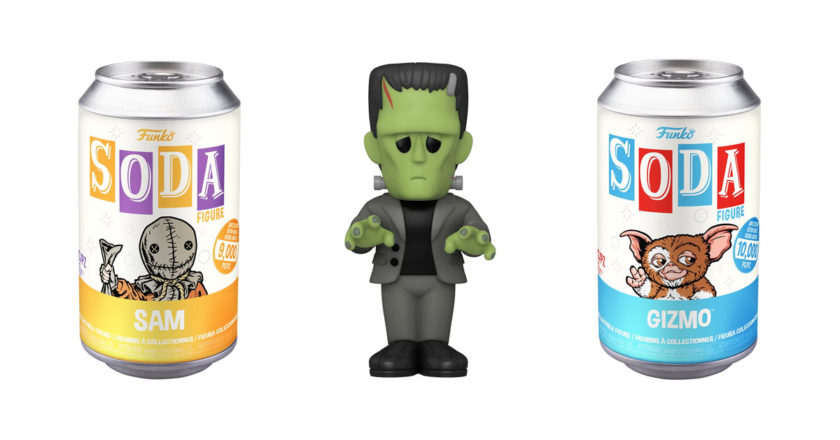 Sam Funko Soda can, Frankenstein's Monster Funko Soda figure, and Gizmo Funko Soda can