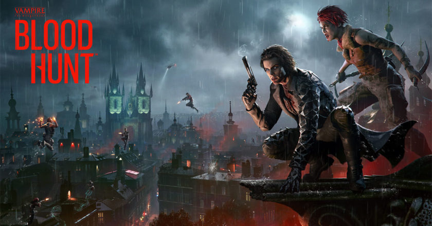 Bloodhunt key art featuring two vampires perched upon a rooftop on a cloudy night