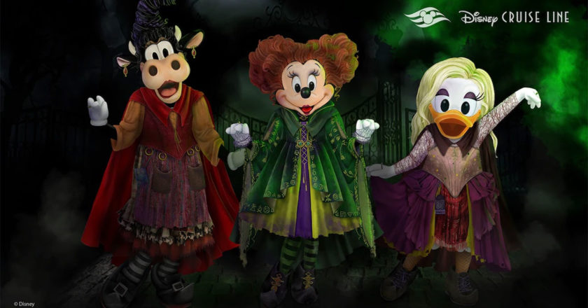Minnie Mouse, Daisy Duck and Clarabelle Cow dressed as the Sanderson Sisters
