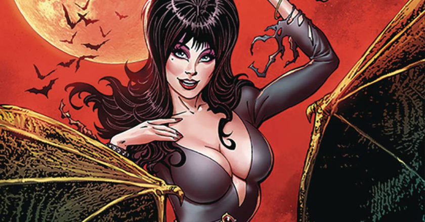Elvira rides a bat on the cover of the trade paperback second volume of "Elvira, Mistress of the Dark."