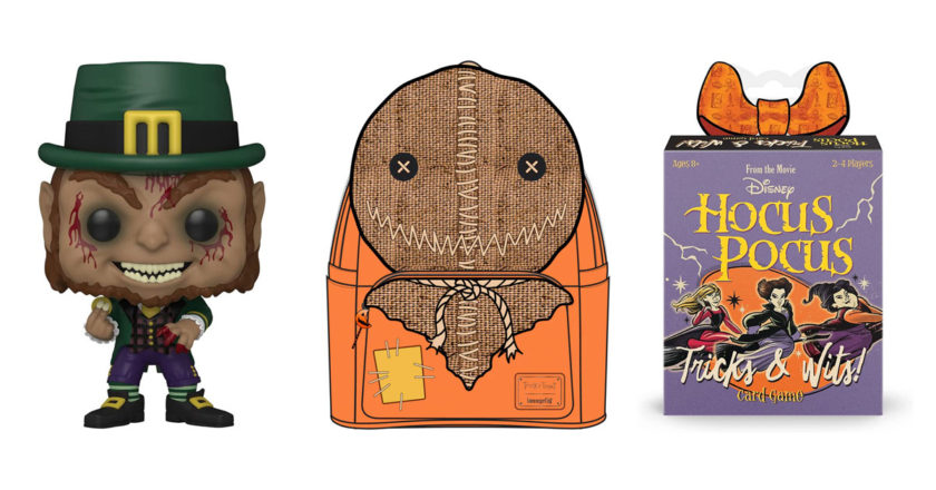 Leprechaun Pop! figure, Trick 'r Treat Sam Loungefly bag, and Hocus Pocus Tricks & Wits card game