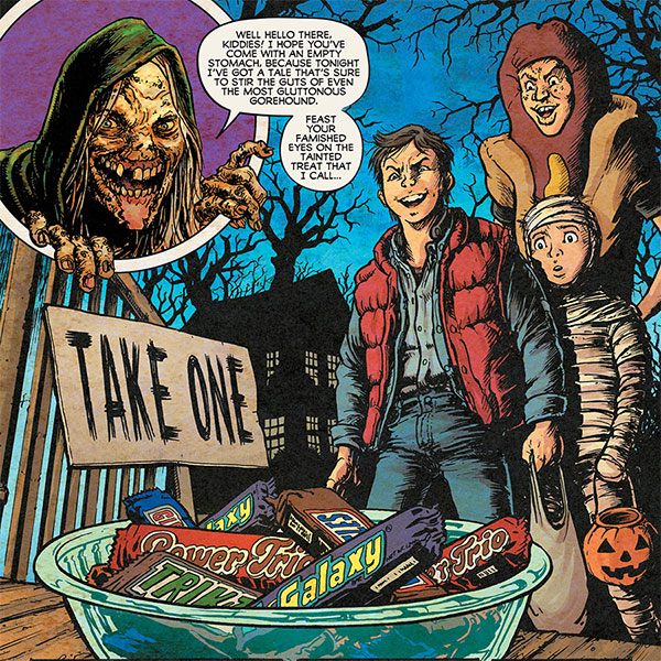 The first panel from Chris Burnham's story in Creepshow #1 featuring a group of trick or treaters in front of a candy bowl that says "Take One."