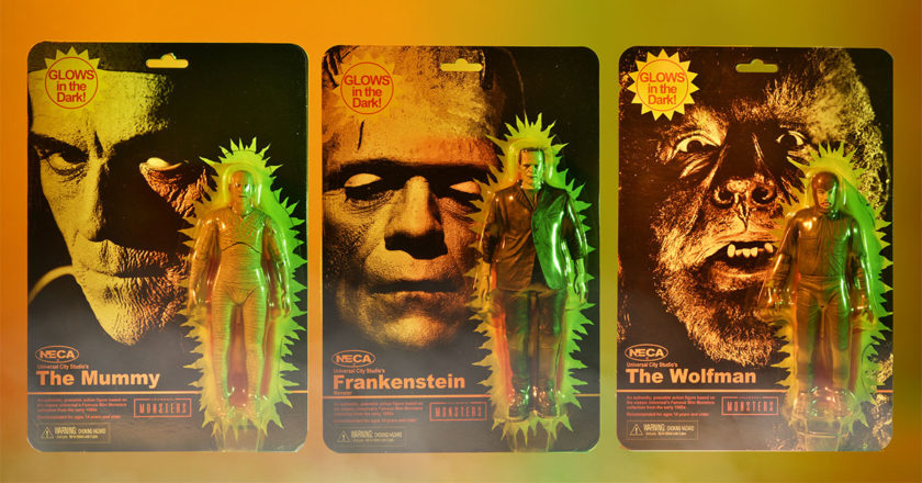 Glow-in-the-dark The Mummy, Frankenstein's Monster, and The Wolfman in blister packaging.