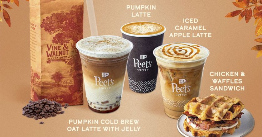 Bag of Vine & Walnut medium roast, Pumpkin Cold Brew Oat Latte with Jelly, Pumpkin Latte, Iced Caramel Apple Latte, and Chick & Waffles Sandwich