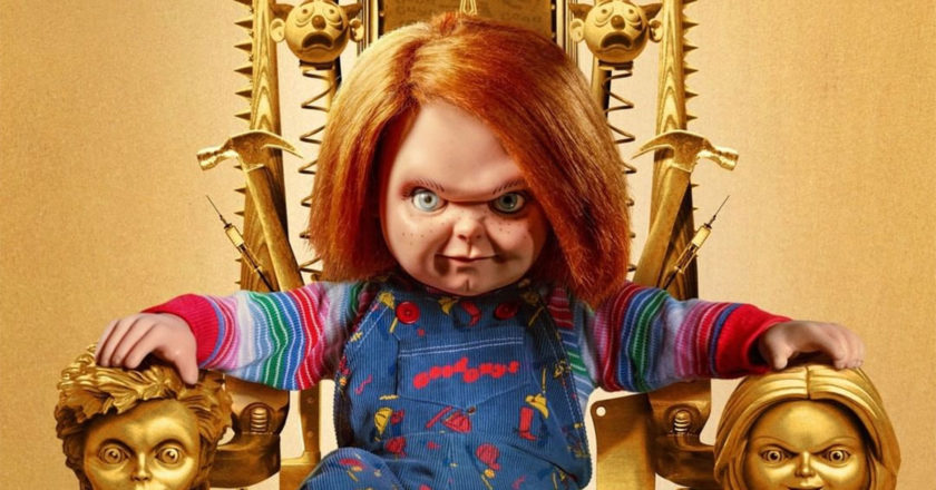 Chucky season 2 poster featuring Chucky on a gold throne