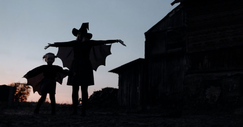 The silhouette of a young girl dressed as a bat and an older girl dressed as a witch at sunset.