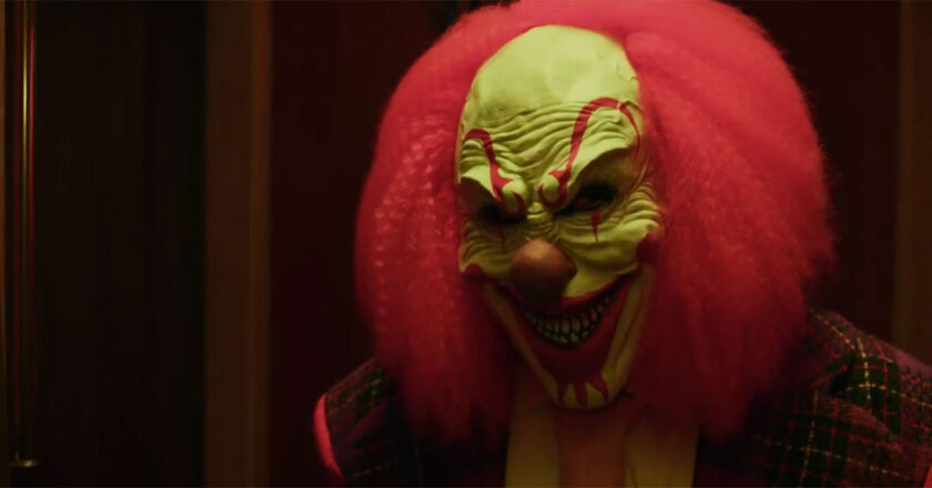 Person dressed as a scary clown in the trailer for "Terror Train."
