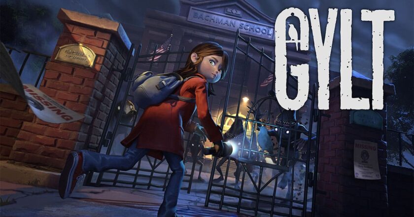 Gylt key art featuring Sally holding a flashlight entering the gates of Bachman School