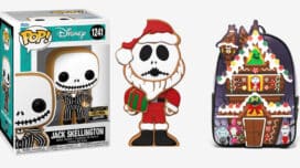 Gingerbread Jack Skellington Pop! figure, Gingerbread Santa Jack Funko Soda figure, and Loungefly The Nightmare Before Christmas gingerbread house mini backpack