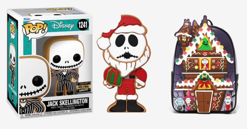 Gingerbread Jack Skellington Pop! figure, Gingerbread Santa Jack Funko Soda figure, and Loungefly The Nightmare Before Christmas gingerbread house mini backpack