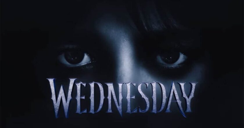 "Wednesday" series title card featuring Wednesday's eyes above the series title
