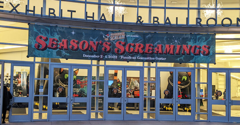 A Season's Screamings banner hangs over the entrance at the Pasadena Convention Center