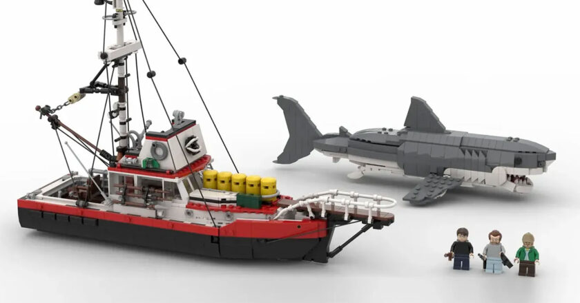 LEGO Ideas "Jaws" submission featuring the ORCA boat, shark, and character minifigures