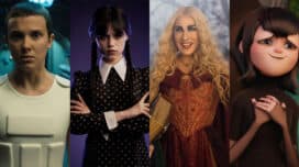 Milly Bobby Brown as Eleven, Jenna Ortega as Wednesday, Sarah Jessica Parker as Sarah Sanderson, and Mavis from the Hotel Transylvania franchise
