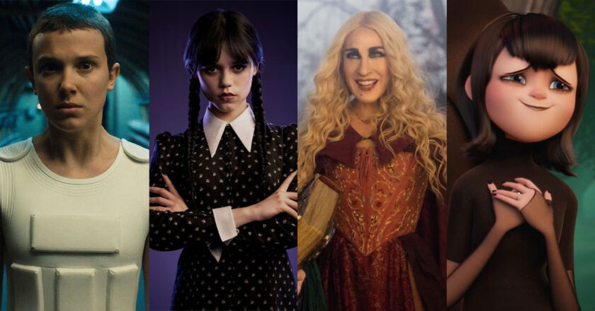 Milly Bobby Brown as Eleven, Jenna Ortega as Wednesday, Sarah Jessica Parker as Sarah Sanderson, and Mavis from the Hotel Transylvania franchise