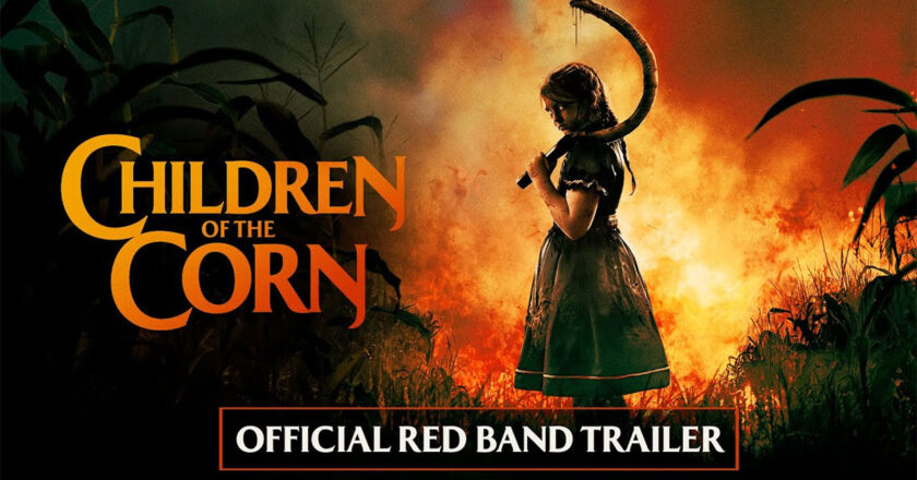 Children of the Corn key art featuring a young girl holding a sickle in a burning corn field