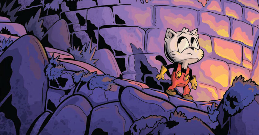 Scully Catterson hides behind a wall on the cover of "Skull Cat and the Curious Castle."