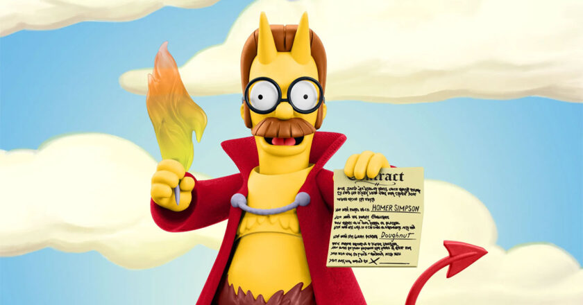 Devil Flanders ULTIMATES! figure holding contract and flaming pen accessories