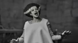 Photo of NECA's black and white Ultimate Bride of Frankenstein figure in a screaming pose.