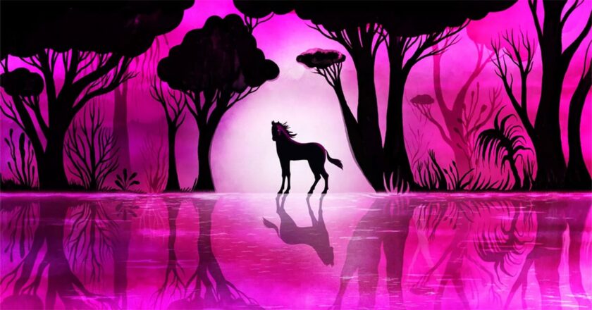 Silhouette of a unicorn in a forest