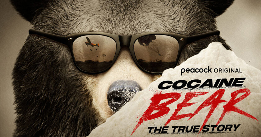 Cocaine Bear: The True Story key art featuring a bear with cocaine on his nose wearing sunglasses