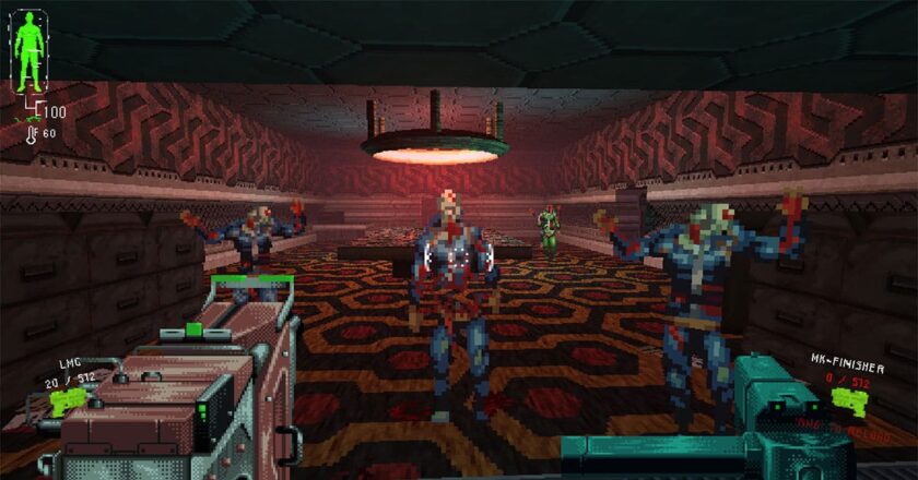 Space creatures approach a player in HYPERVIOLENT