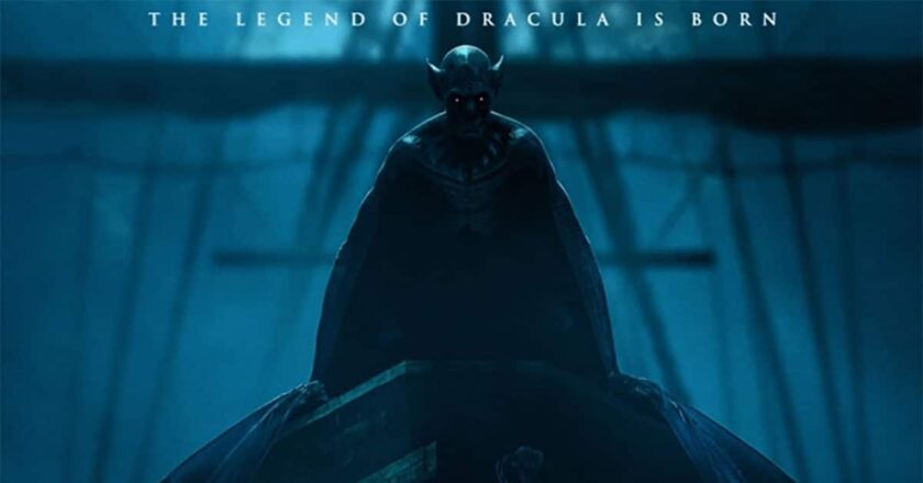 Dracula perched upon the bow of the Demeter from the "The Last Voyage of the Demeter" movie poster