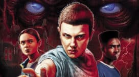 The eyes of Vecna look upon Max, Eleven, and Lucas on the cover of "Stranger Things: Heroes and Monsters
