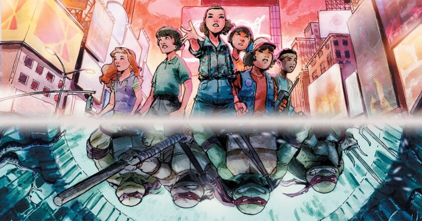 Max, Will, Eleven, Mike, Dustin, Lucas, and the Teenage Mutant Ninja Turtles from the cover of Teenage Mutant Ninja Turtles x Stranger Things #1