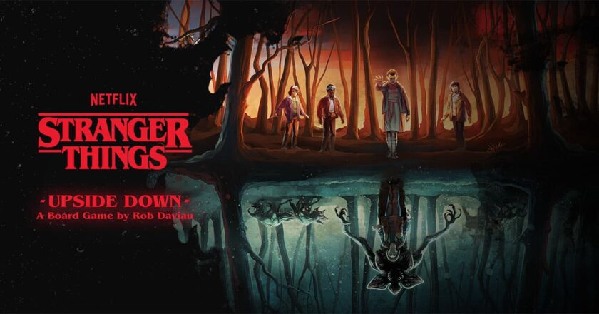Stranger Things: Upside Down key art featuring Dustin, Lucas, Eleven, and Mike above the Upside Down where there's a Demogorgon