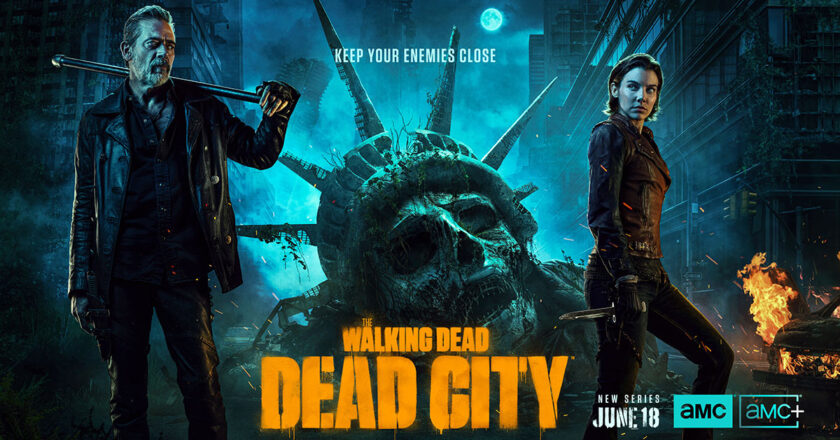 The Walking Dead: Dead City key art featuring Negan and Maggie standing in front of a demolished head of the Statue of Liberty