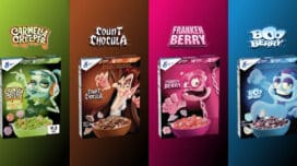 Carmella Creeper, Count Chocula, Franken Berry, and Boo Berry cereals