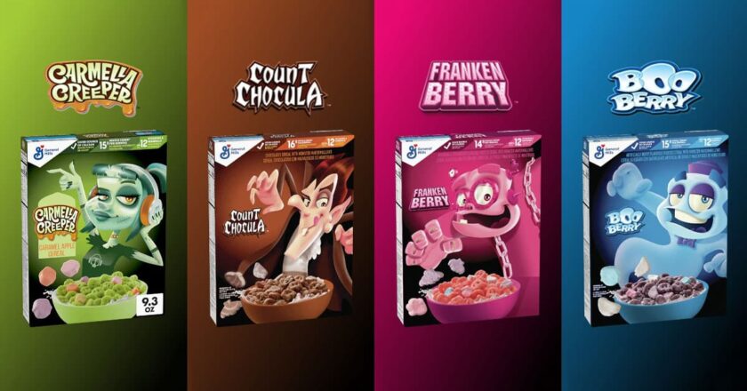 Carmella Creeper, Count Chocula, Franken Berry, and Boo Berry cereals