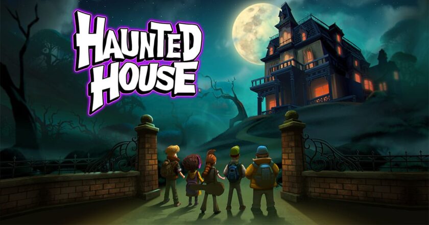 Haunted House key art featuring a group of people standing at the gates of a haunted house.