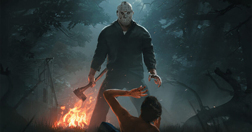Jason Voorhees stands over a victim holding an ax in key art for Friday the 13th: The Game